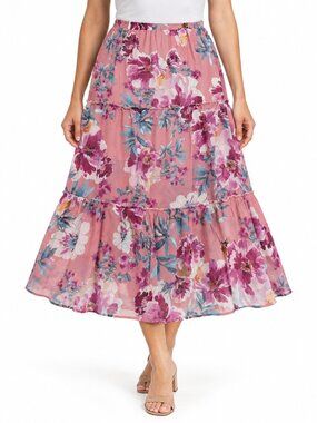 Robert Louis Pink Floral Tiered Midi Skirt Size M